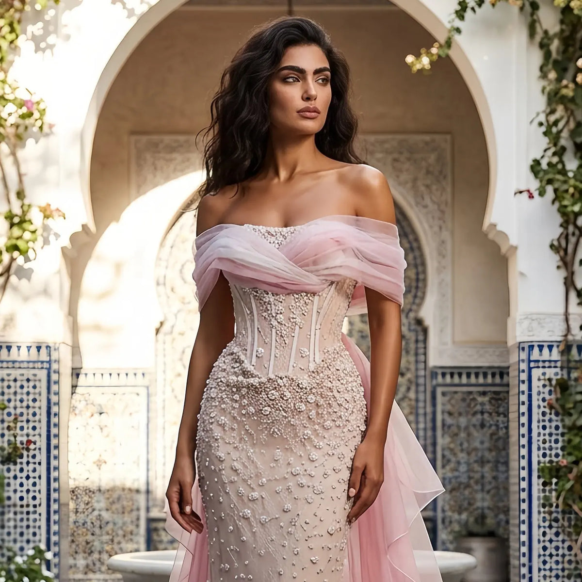 Glamorous Blush Pink Off-the-Shoulder Draped Sequin Evening Dress SS519 