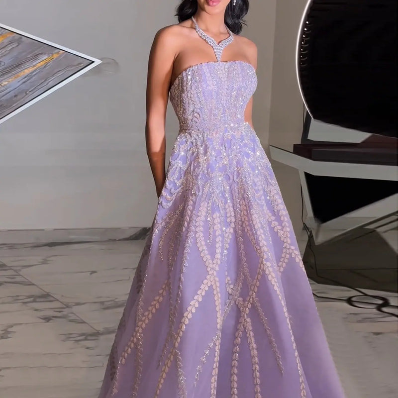 Luxury Beaded Lilac Strapless Evening Dress with Sleeves SS462 