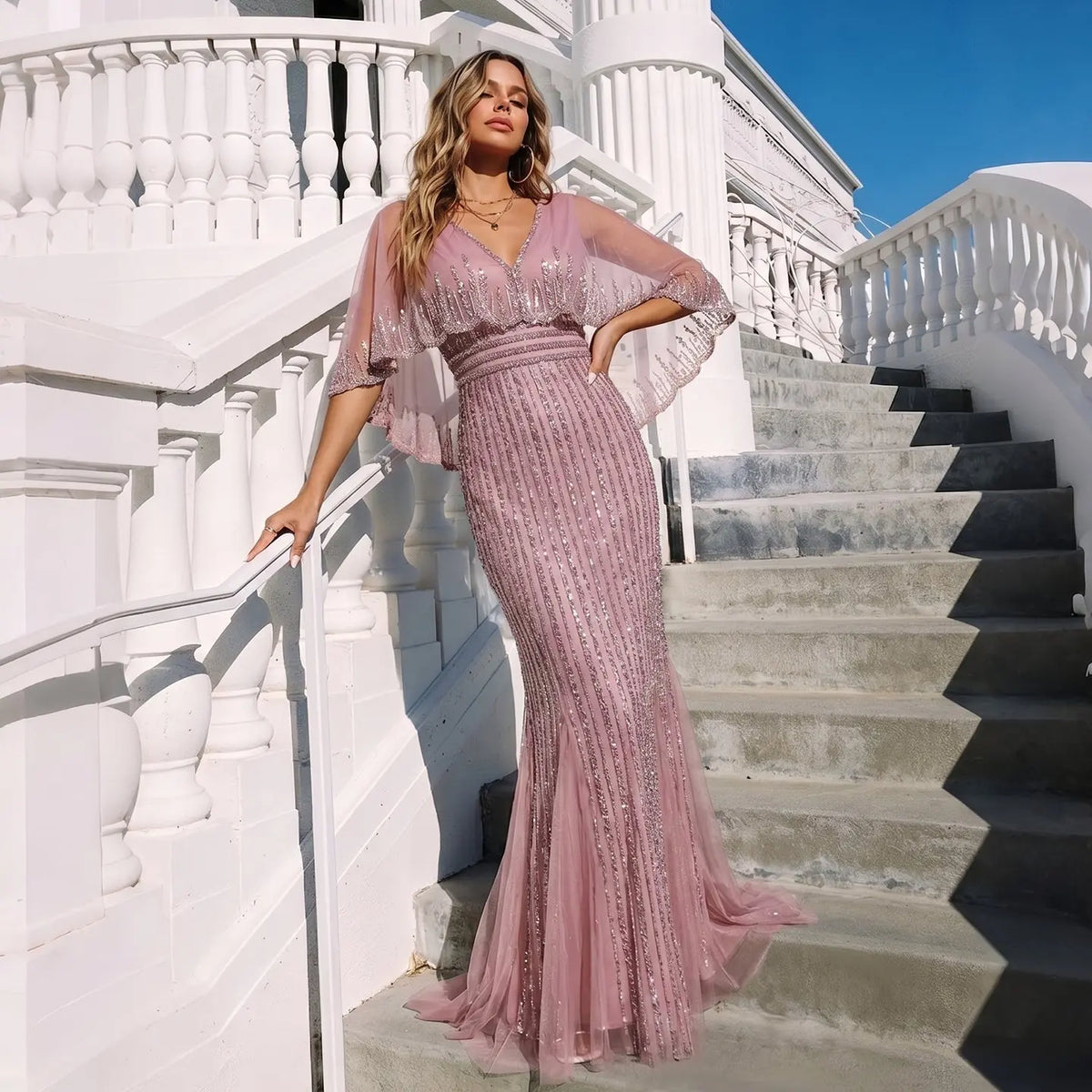 Luxury Pink Mermaid Evening Dresses with Cape SS284