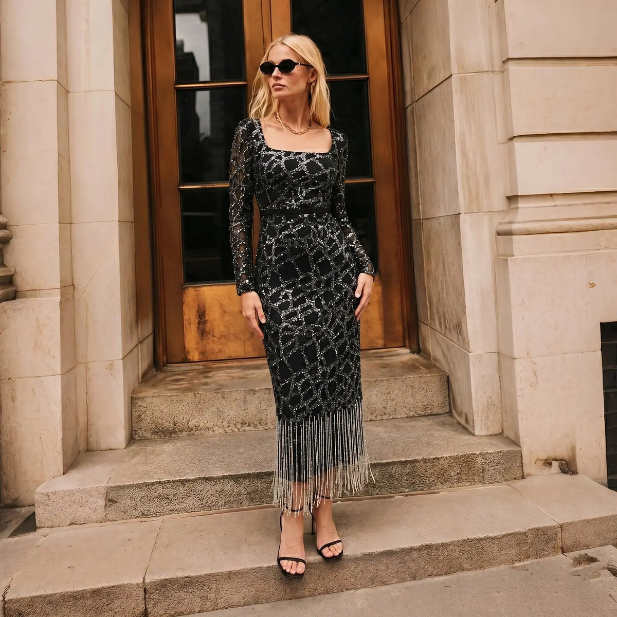Luxury Tassel Long Sleeve Evening Dress SS347