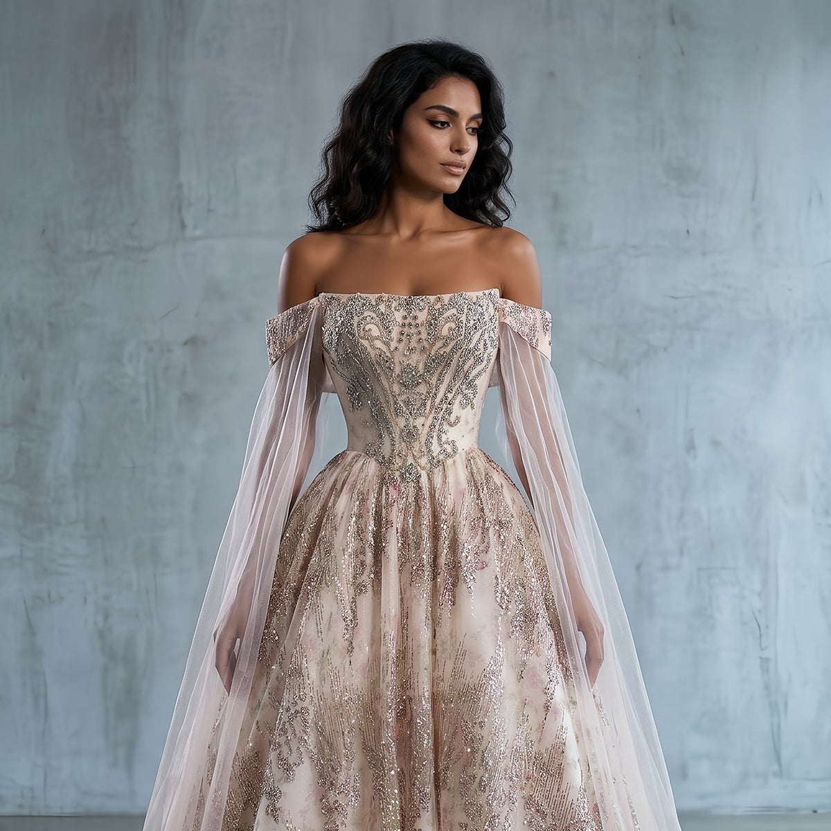 Luxury Rose Gold Gradient Beaded Evening Dress with Cape Sleeve SS726 