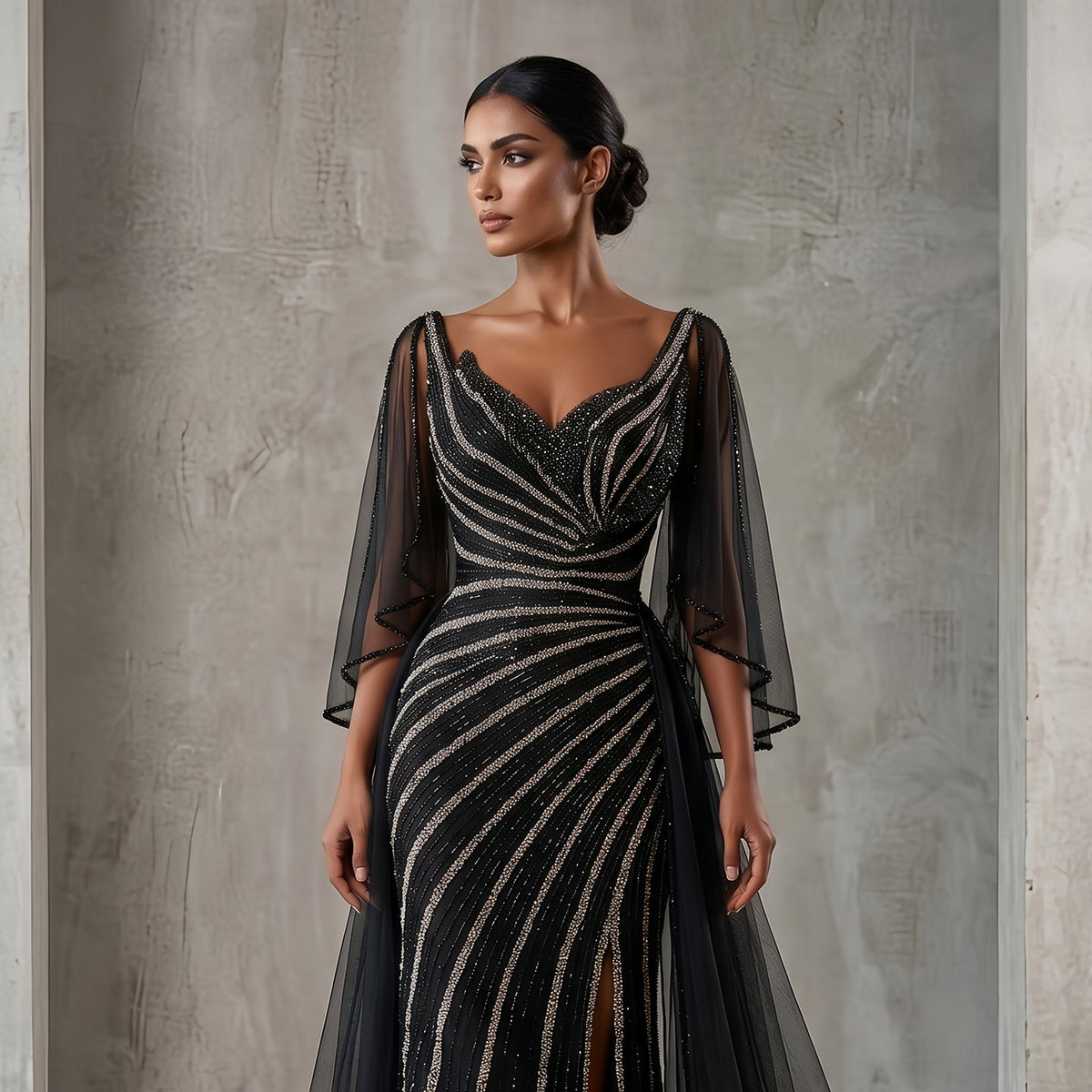 Elegant Champagne V-Neck Beaded Evening Dress with Cape Sleeves SS063 