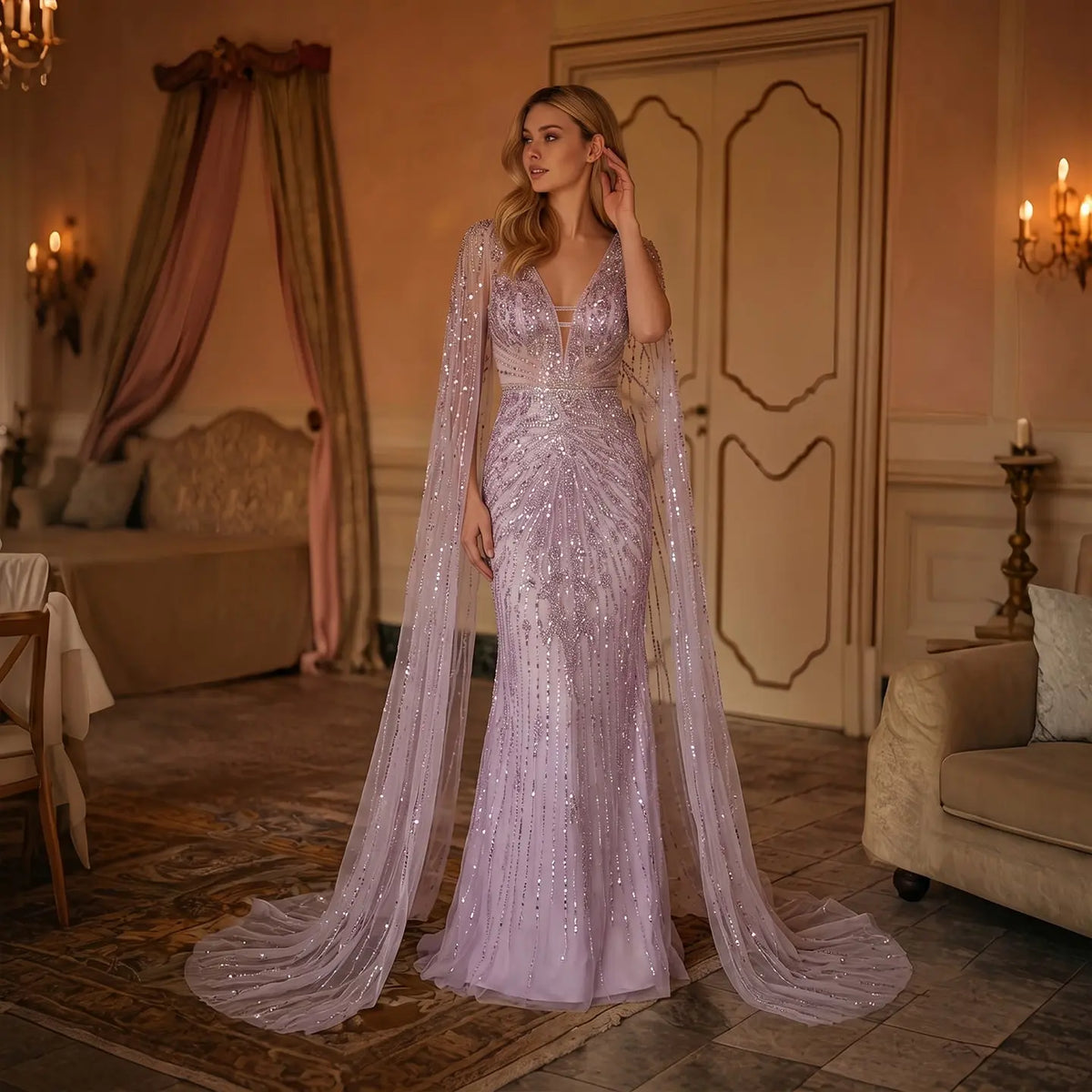 Luxury Turquoise V-Neck Evening Dress with Cape SS397