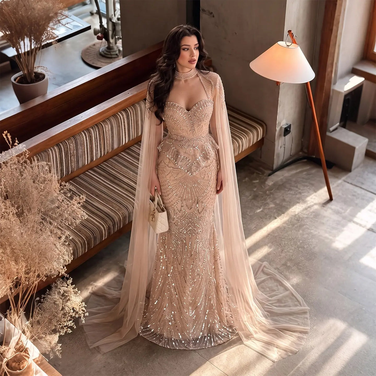 Champagne Beaded Sequined Mermaid Evening Gown With Cape SS018