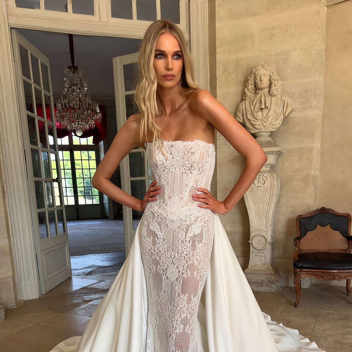 Luxury Strapless Lace Mermaid Wedding Dress with Overskirt SW226 