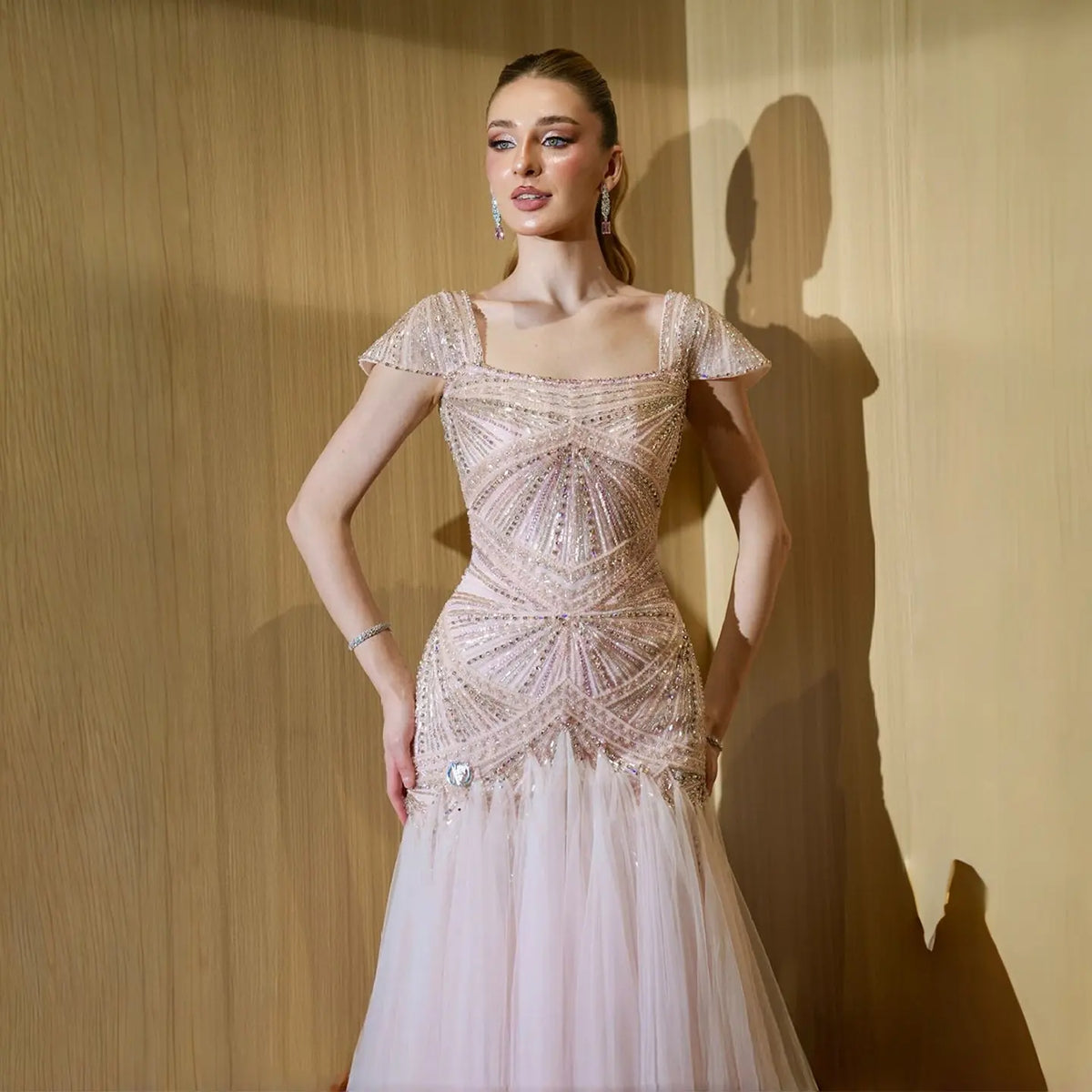 Rust Red Sequin Evening Gown Pleated Dress SS325