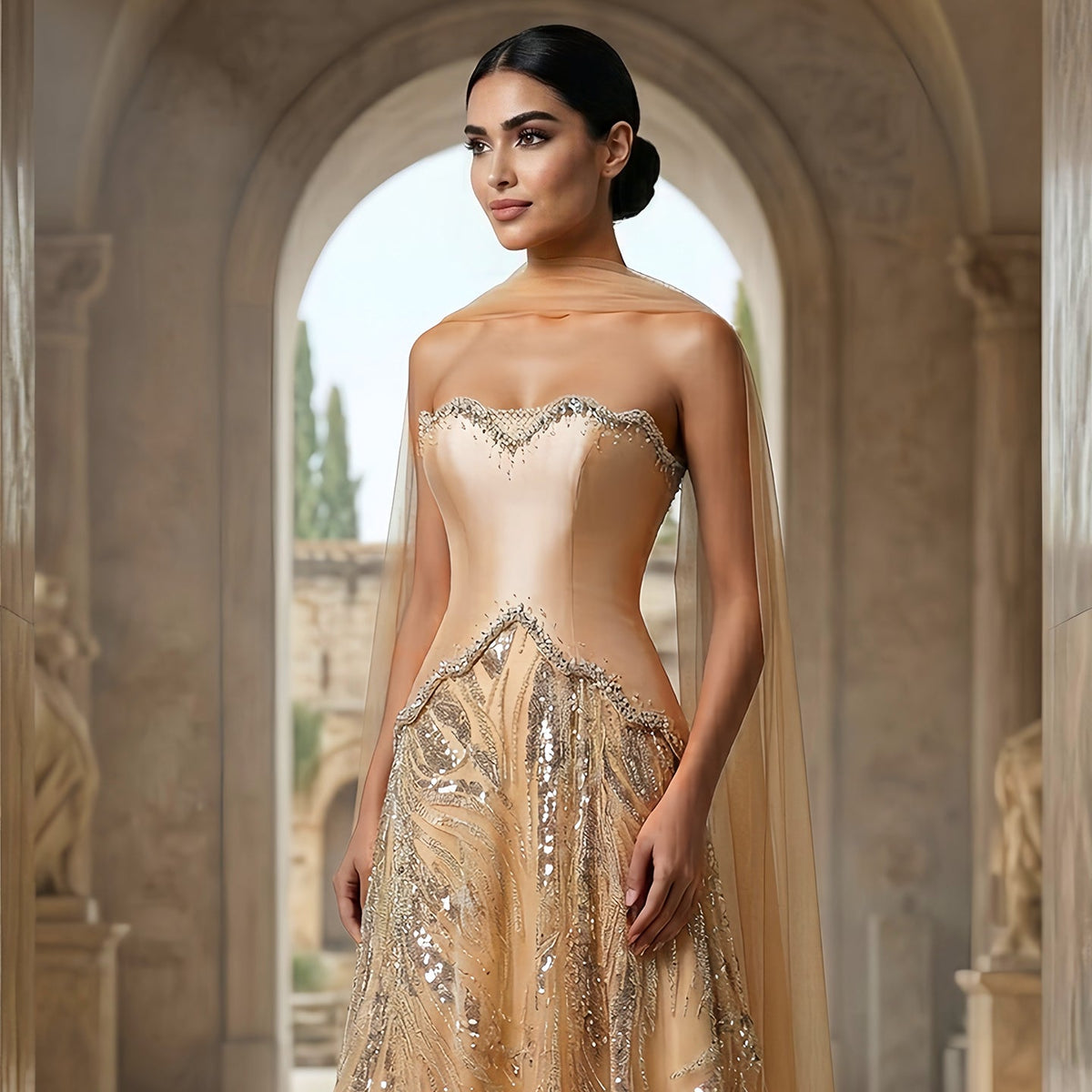 Elegant Champagne Beaded Sequin Evening Dress with Scarf SS132 