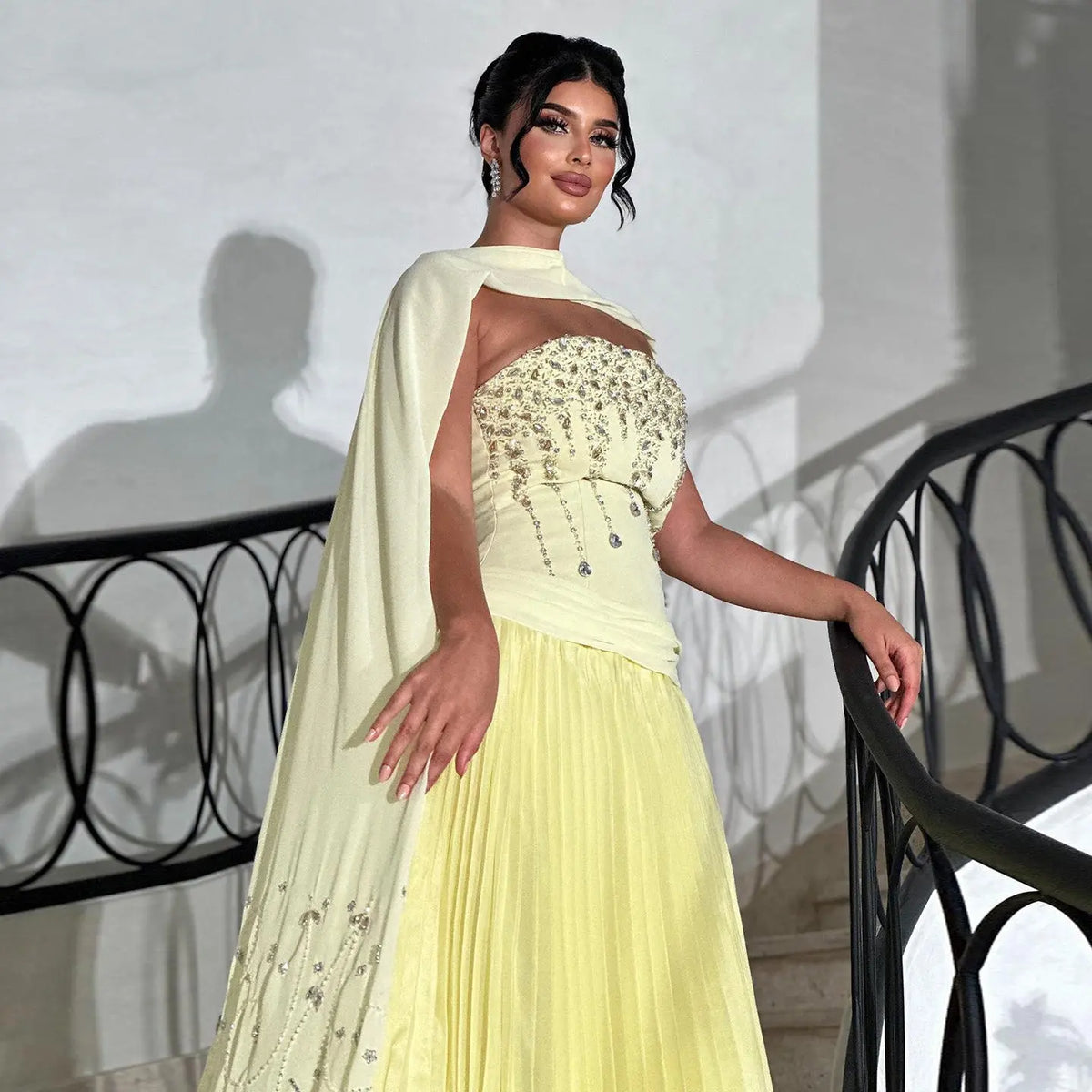 Graceful Crystal Yellow Strapless Evening Dress with Scarf XD-009 Graceful Crystal Yellow Strapless Evening Dress with Scarf XD-009