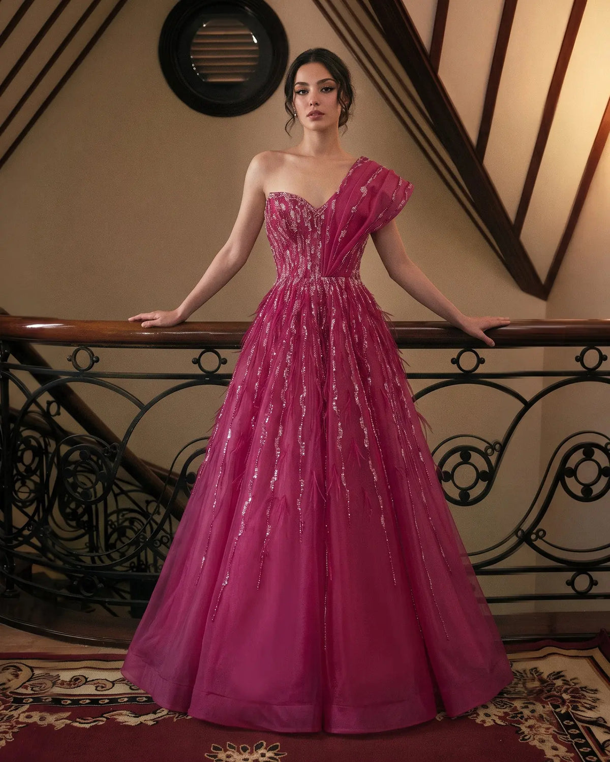 Fuchsia One Shoulder Feathers Sequins Evening Gown XD041