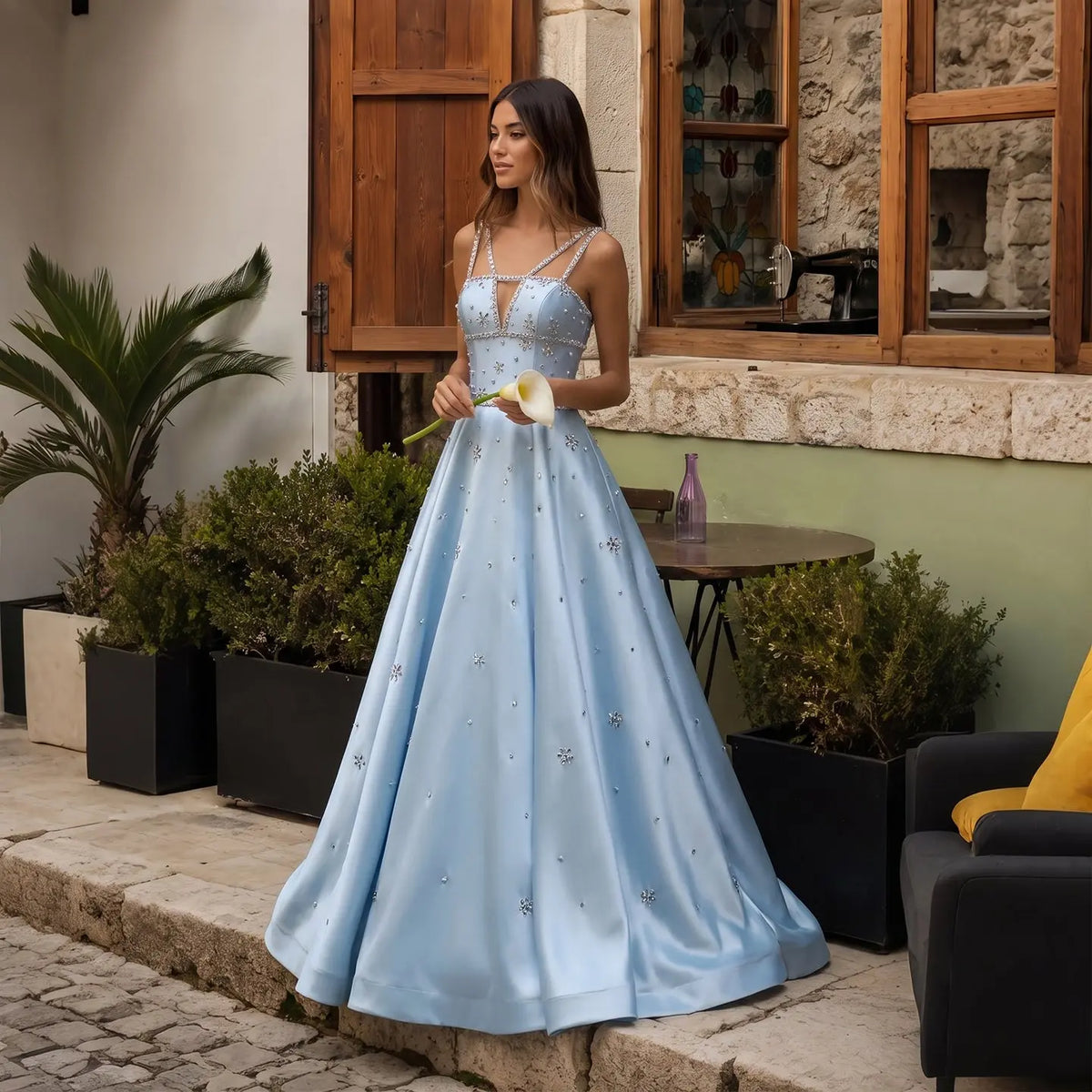 Elegant Blue Satin Embellished Crystal Strap Evening Dress SS428