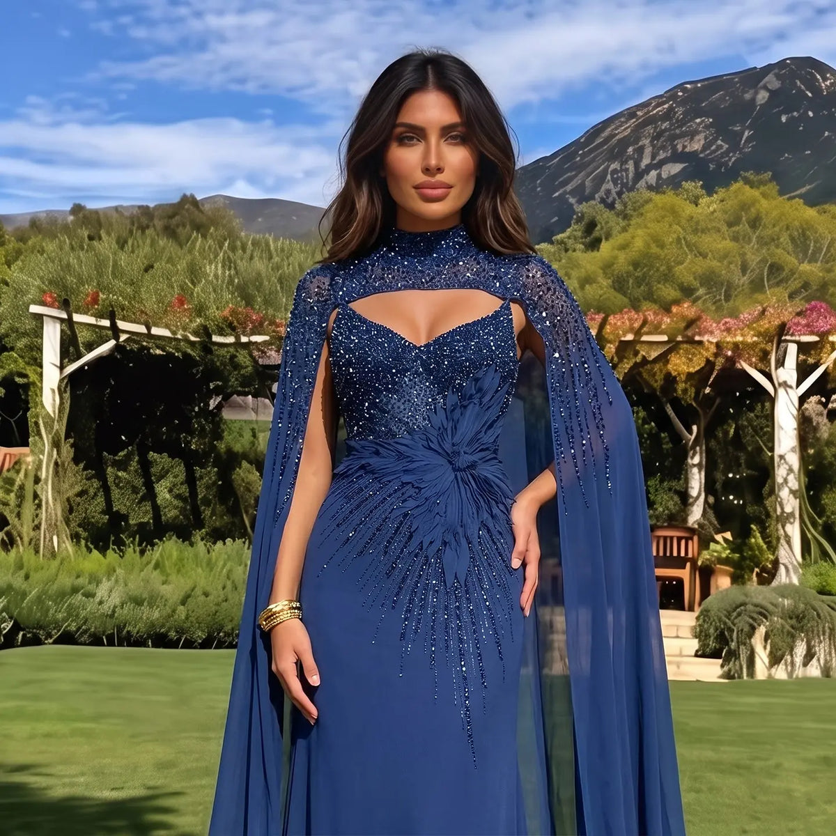 Navy Blue Cape Sleeve Beaded Formal Evening Dress SS074-13