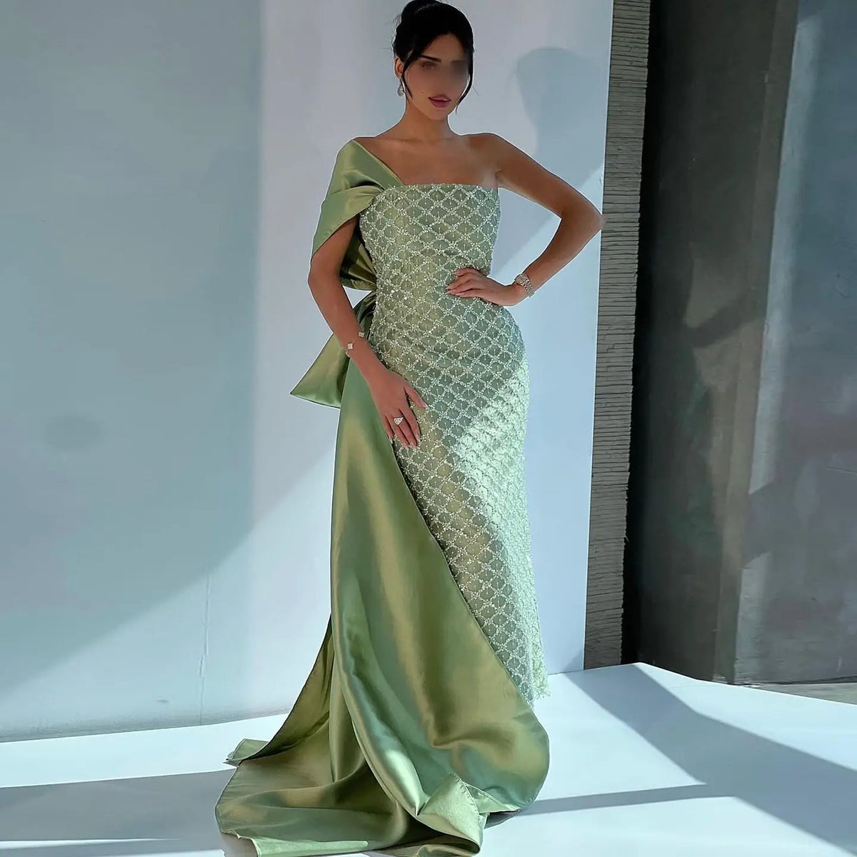 Sage Green One Shoulder Sheath Arabic Evening Dress SS626, Green / 16 Sage Green One Shoulder Sheath Arabic Evening Dress SS626, Green / 16