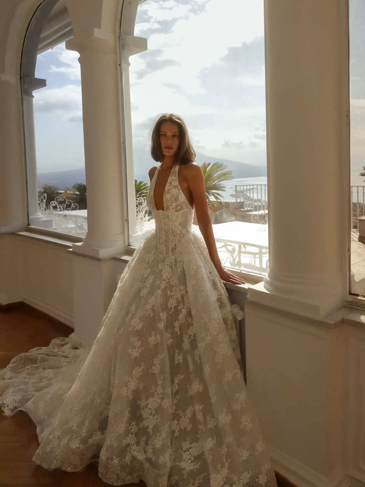 Modern Lace Deep V-Neck Halter Ball Gown Wedding Dress with Train SW185 