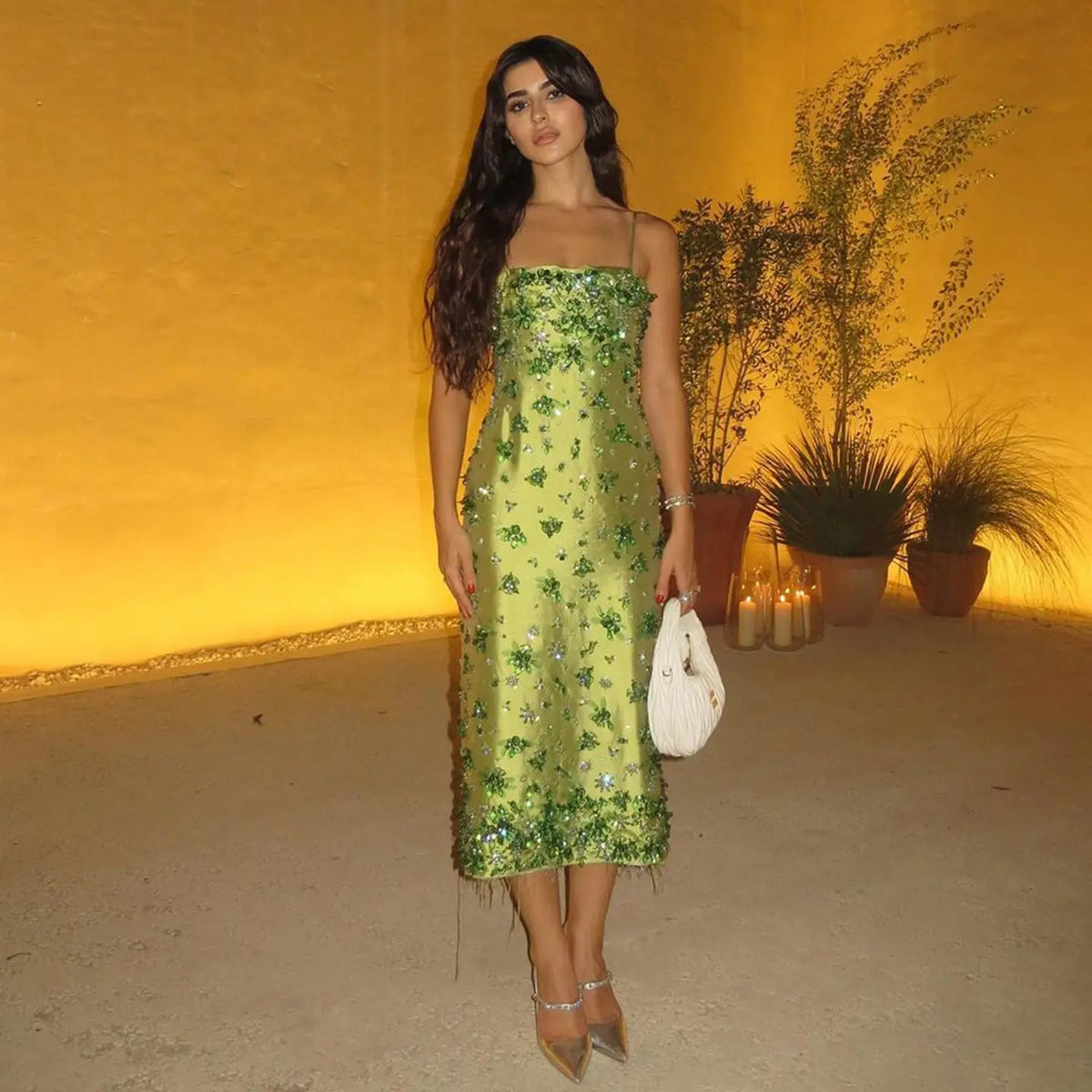 Luxury 3D Floral Beaded Short Green Spaghetti Evening Dress SS233 Luxury 3D Floral Beaded Short Green Spaghetti Evening Dress SS233
