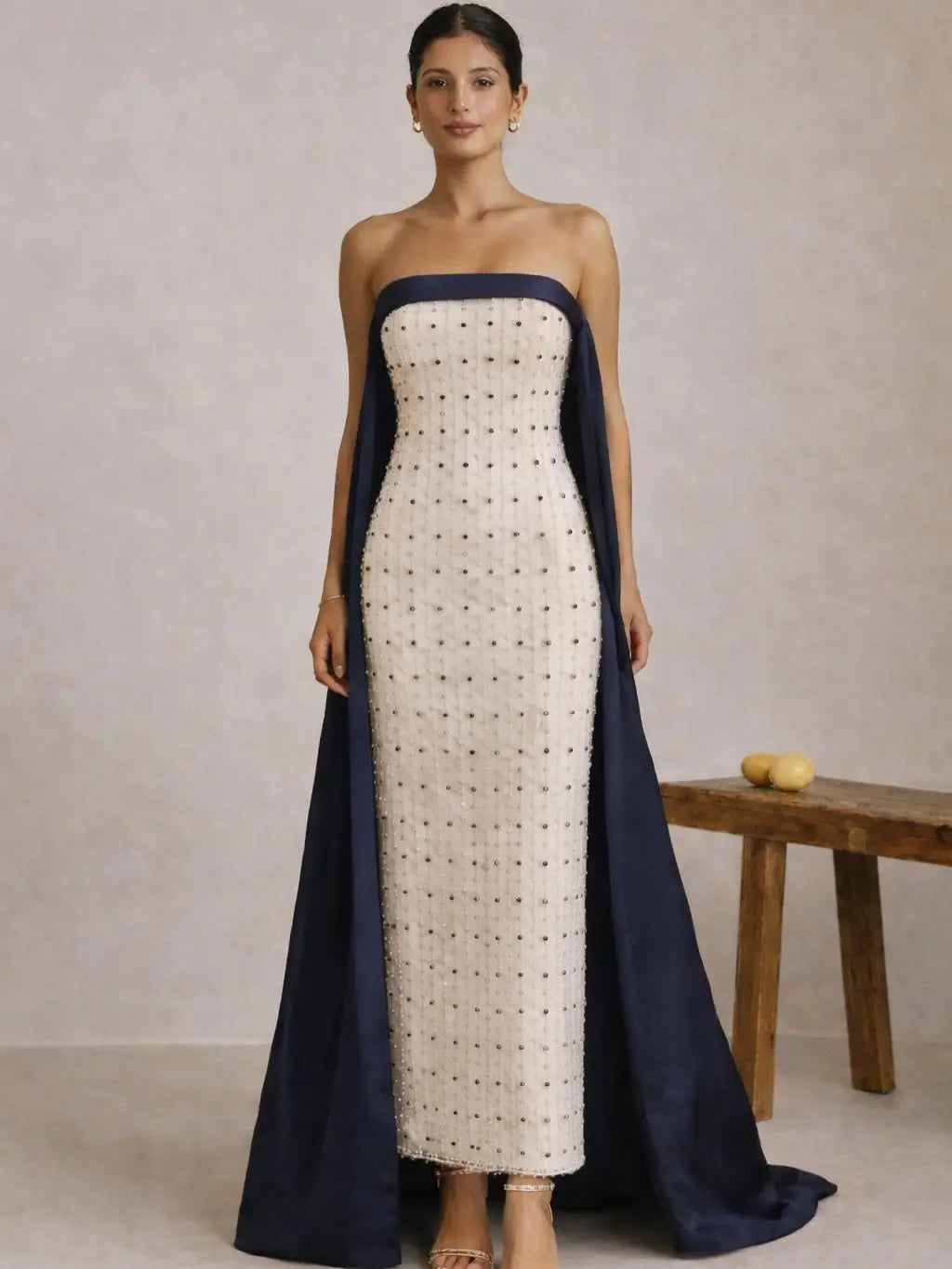 Luxury Navy Blue White Strapless Evening Dress SS422 