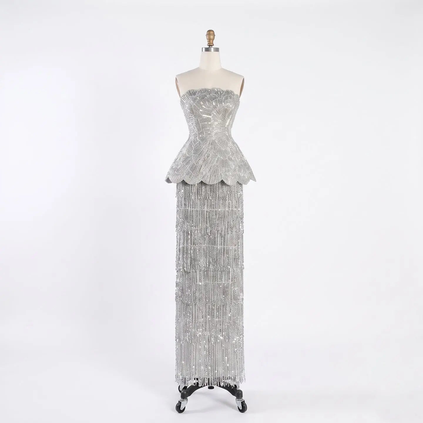 Gray Strapless Mermaid Luxury Beaded Sequins Tassels Skirt Evening