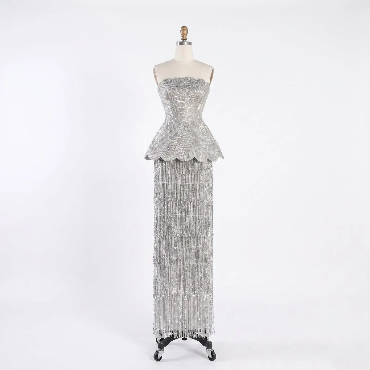 gray beaded dress Luxury Gray Blue A-Line Dreamy Beaded Evening Dress With Necklace LA73397