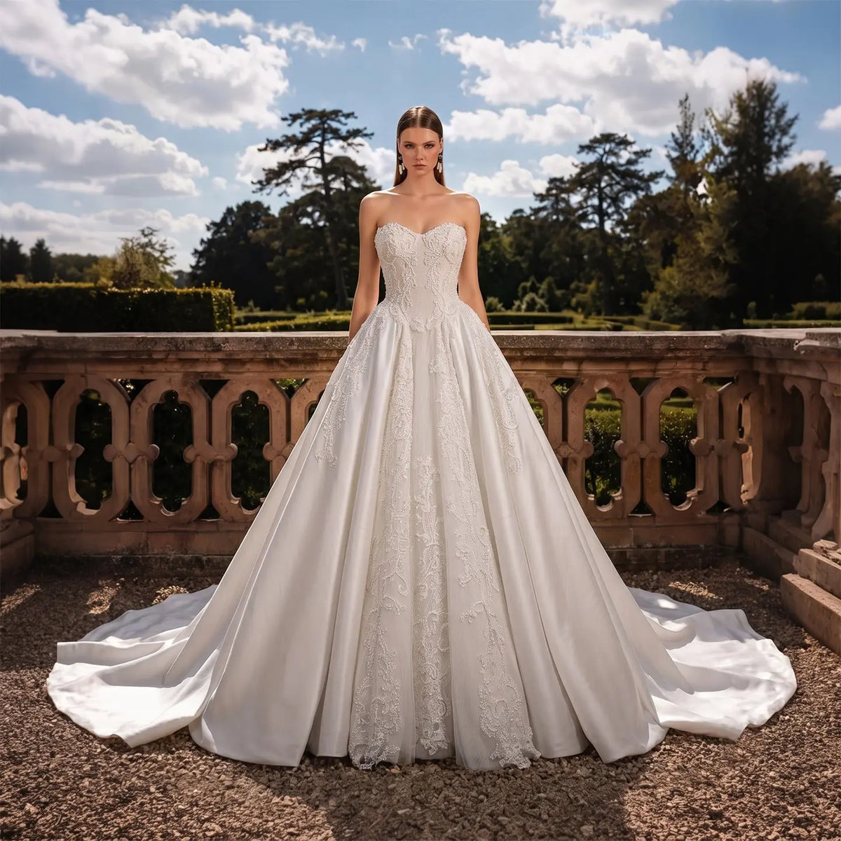 White Satin Strapless Sweetheart Lace Ball Gown SW743