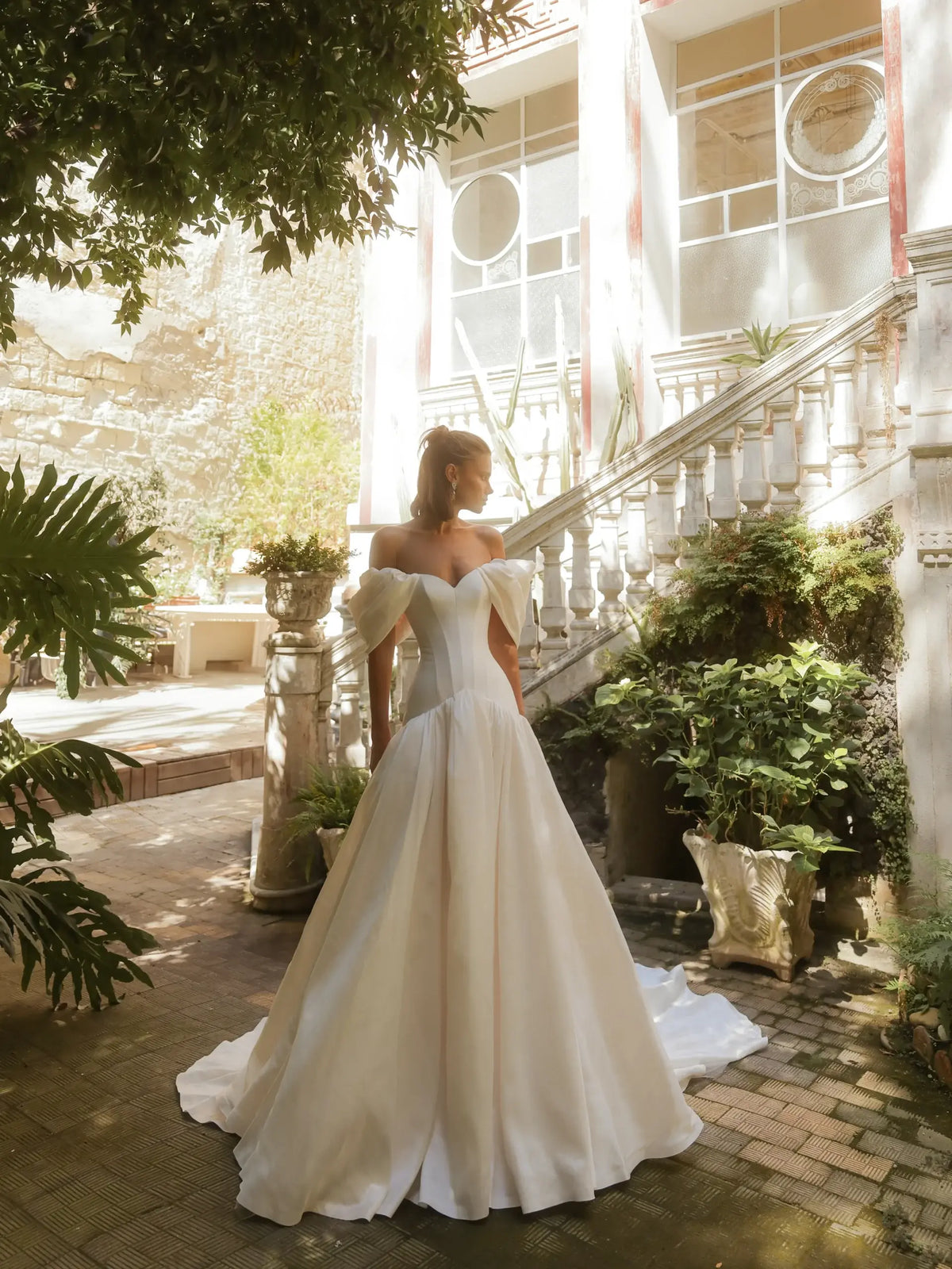 Romantic White Satin Off-the-Shoulder Puff Sleeve Ball Gown Wedding Dress SW192