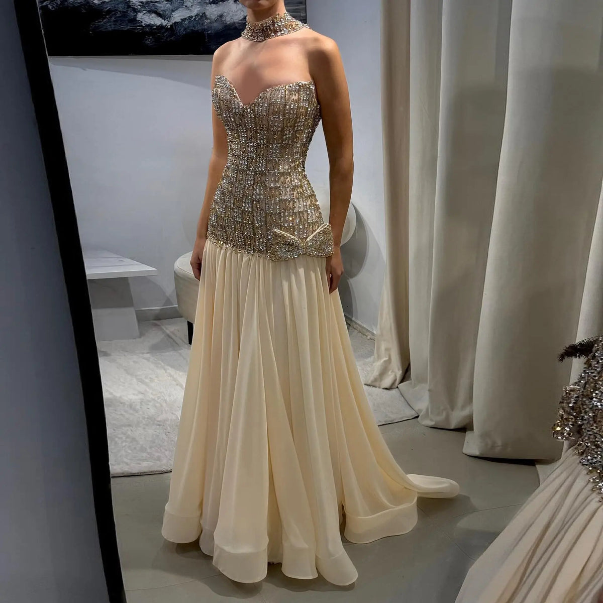 Opulent Gold Strapless Beaded Corset Evening Dress with Choker SS504 