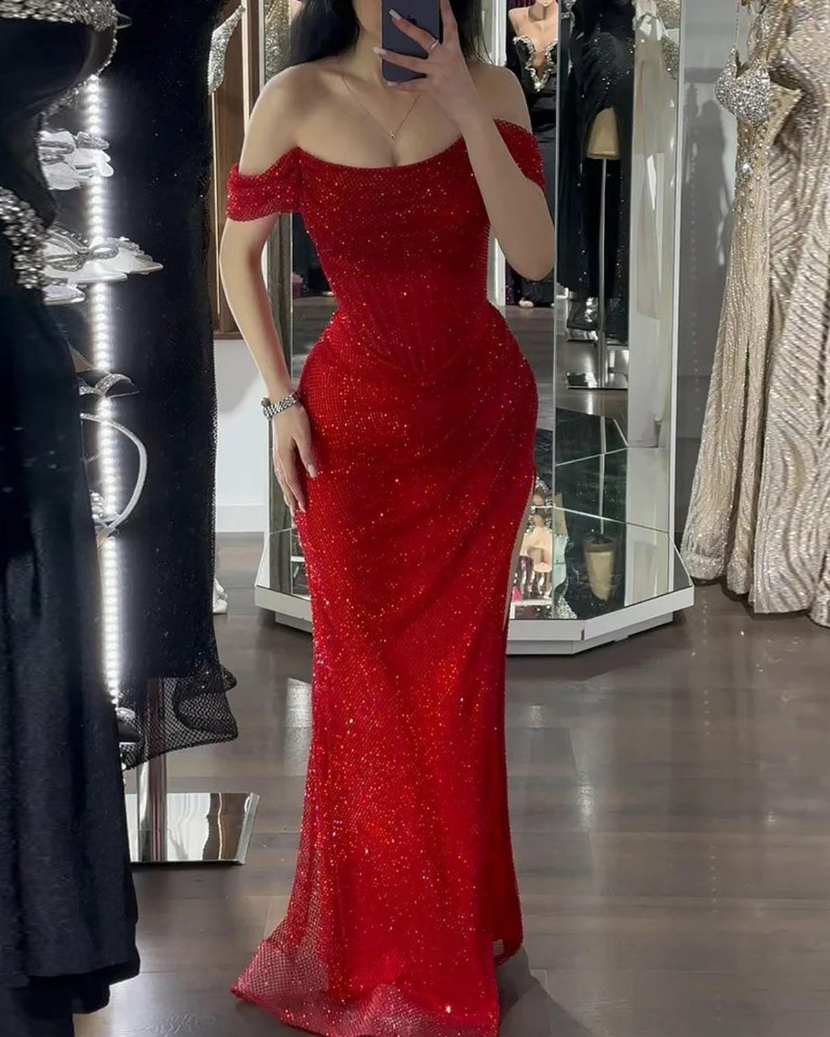 Elegant Red Off Shoulder Evening Dress with Side Slit SF163