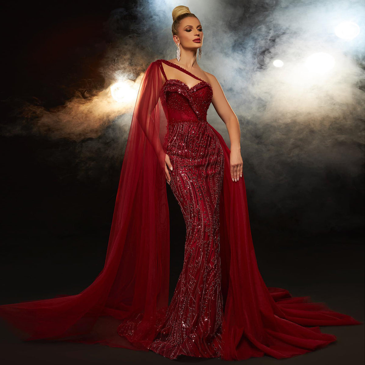 Sharon Said Burgundy One Shoulder Mermaid Evening Dresses with Cape Overskirt Women Wedding Party Long Prom Formal Gowns SS129