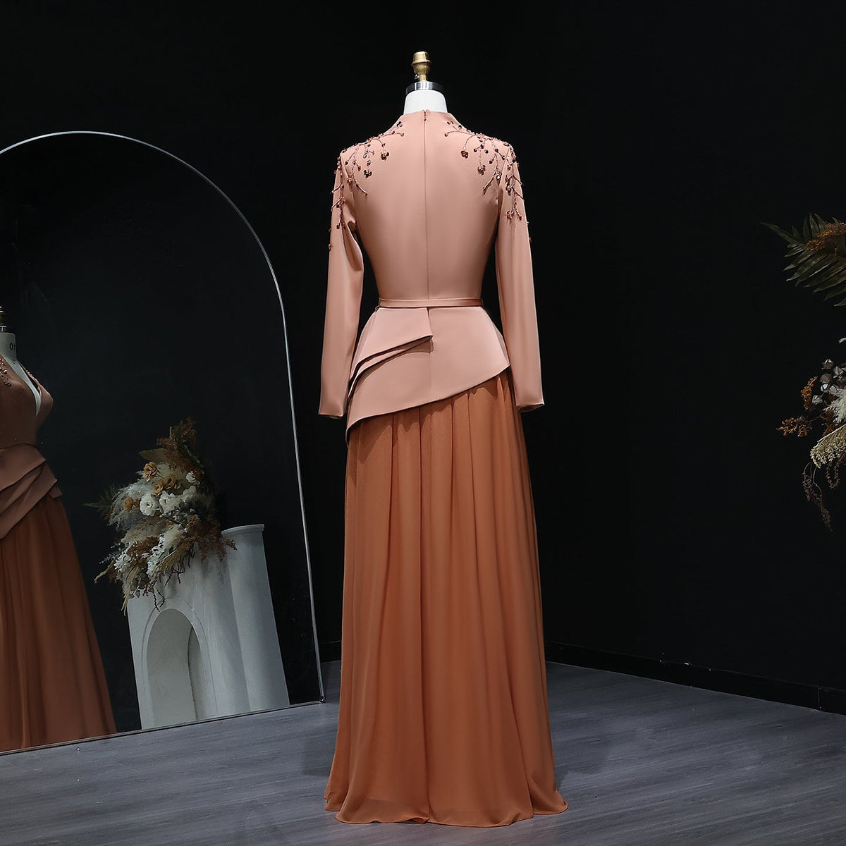 Elegant Crystal Orange Evening Dress with Long Sleeves SS216