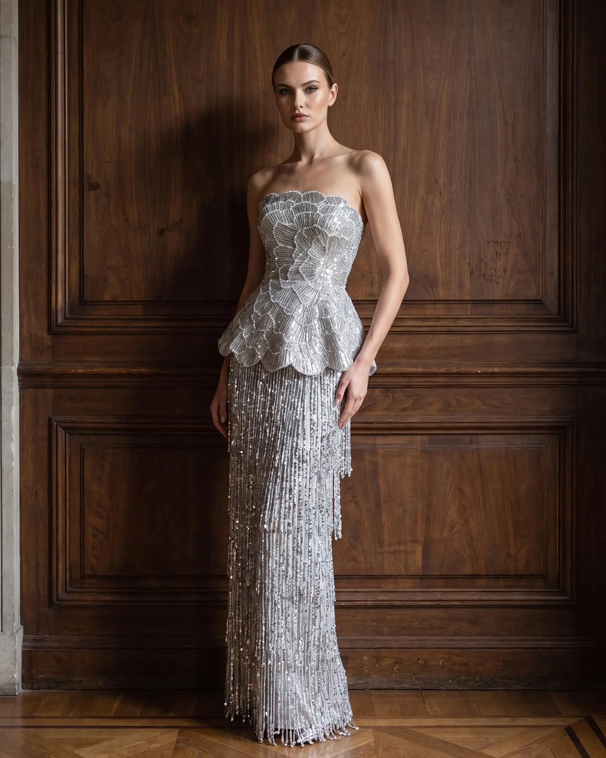 Gray Strapless Beaded Mermaid Evening Dress SS370