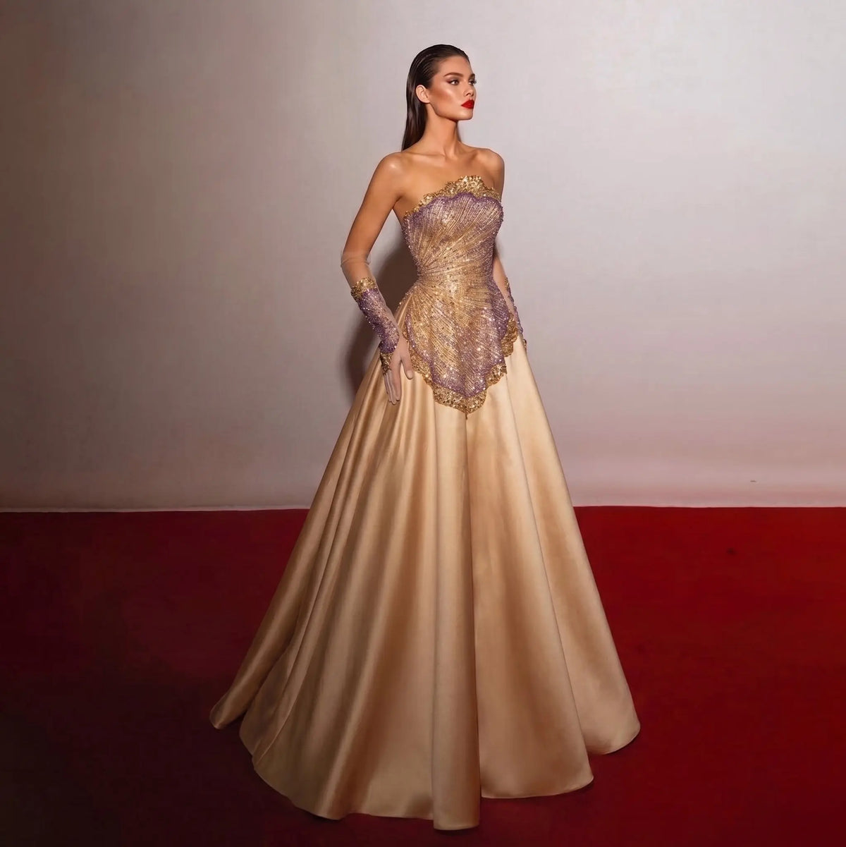 Luxury Strapless Crystal Beaded Evening Dress with Flowing Champagne Satin Skirt SS377