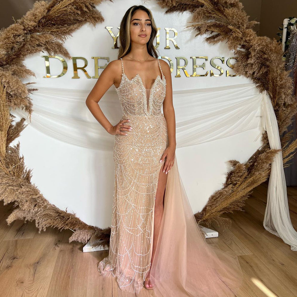 Sharon Said Luxury Nude Spaghetti Straps Mermaid Arabic Long Evening Dress with High Slit Overskirt for Wedding Party Gown SS311