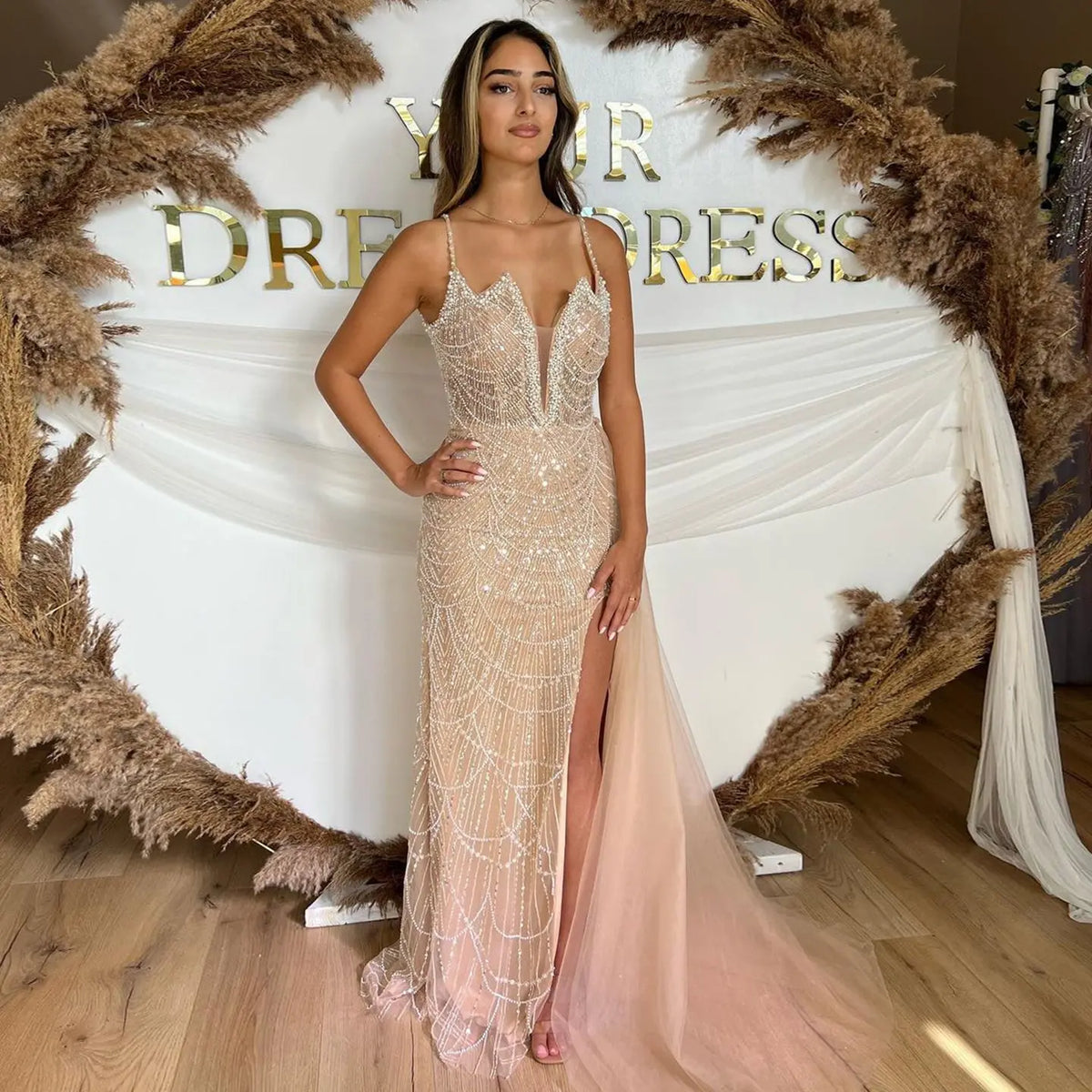 Luxury Nude Spaghetti Evening Dress with Overskirt SS611 