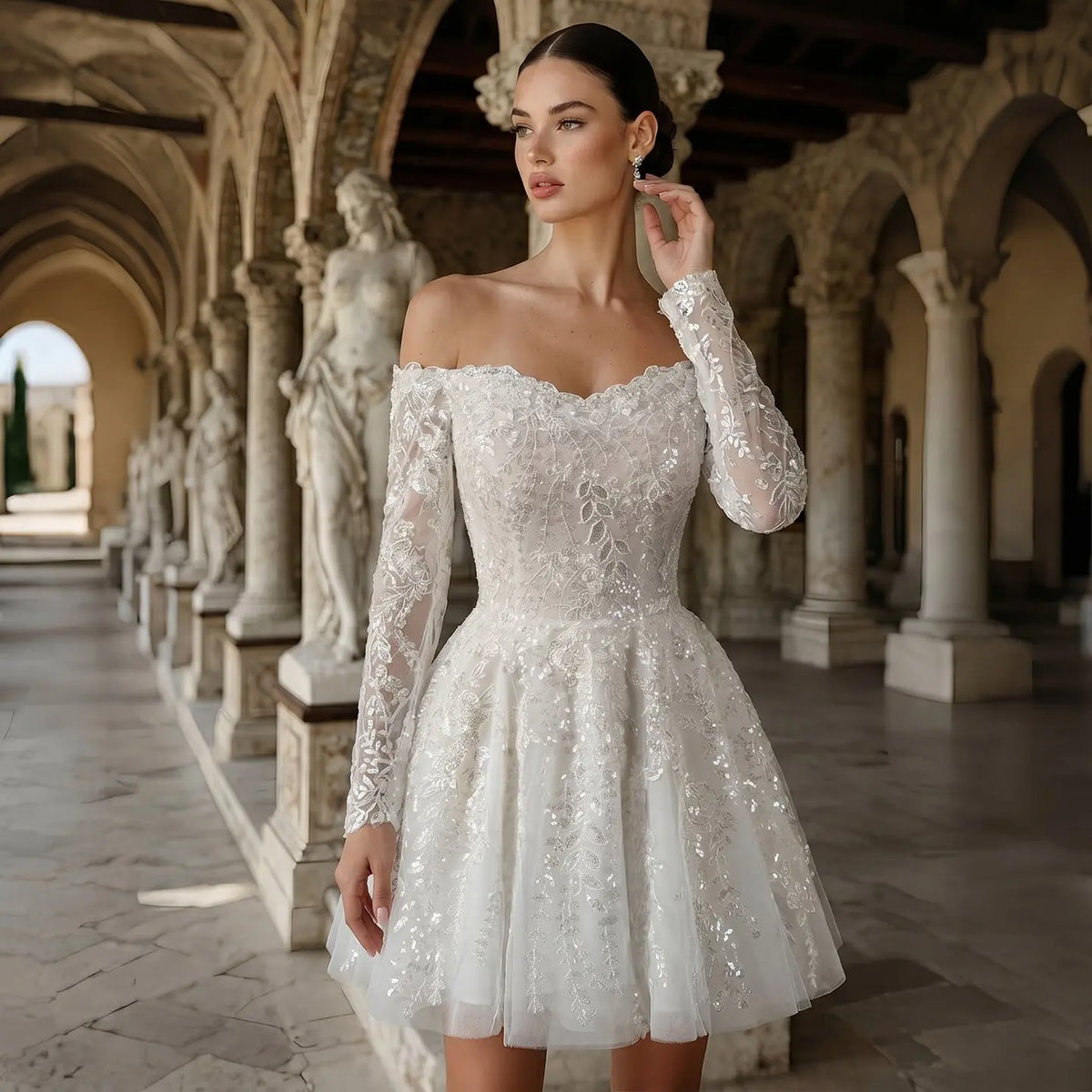Elegant White Off-the-Shoulder Lace Short Wedding Dress SW723