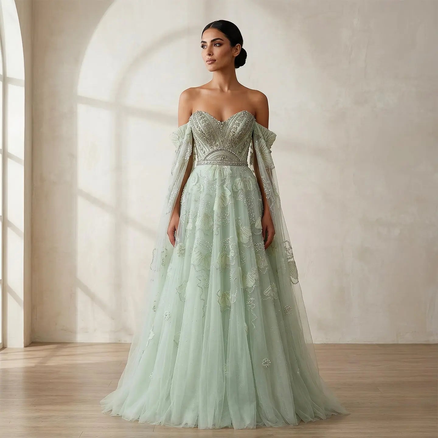 Luxury Sage Green Beaded Off-the-Shoulder Floral Tulle Evening Dress S SHARONSAID Luxury Sage Green Beaded Off-the-Shoulder Floral Tulle Evening Dress S SHARONSAID