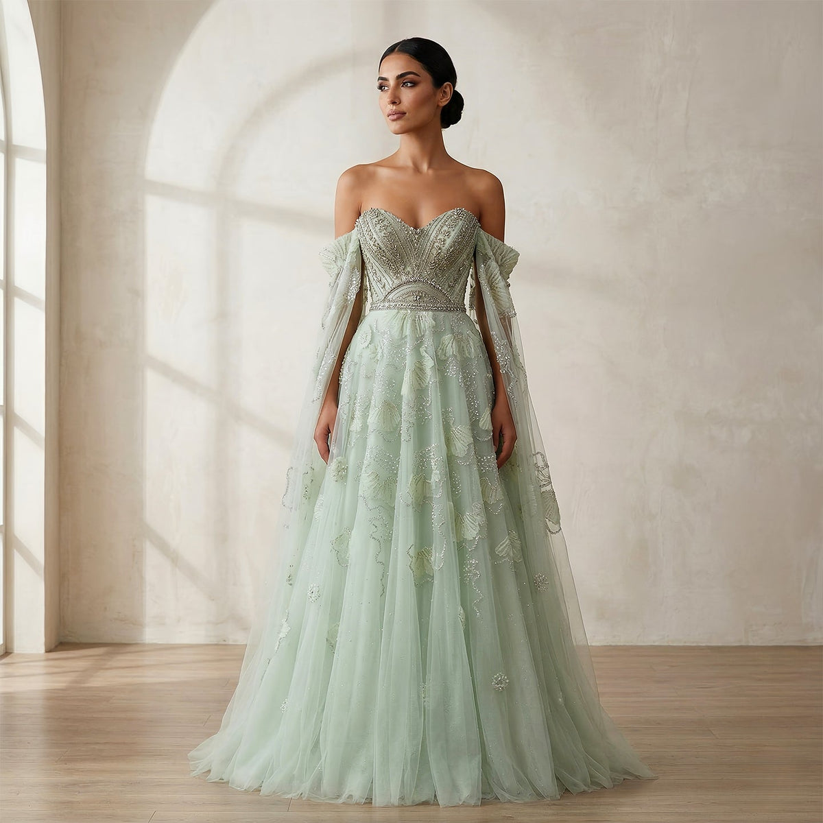Luxury Sage Green Beaded Off-the-Shoulder Floral Tulle Evening Dress SS754 