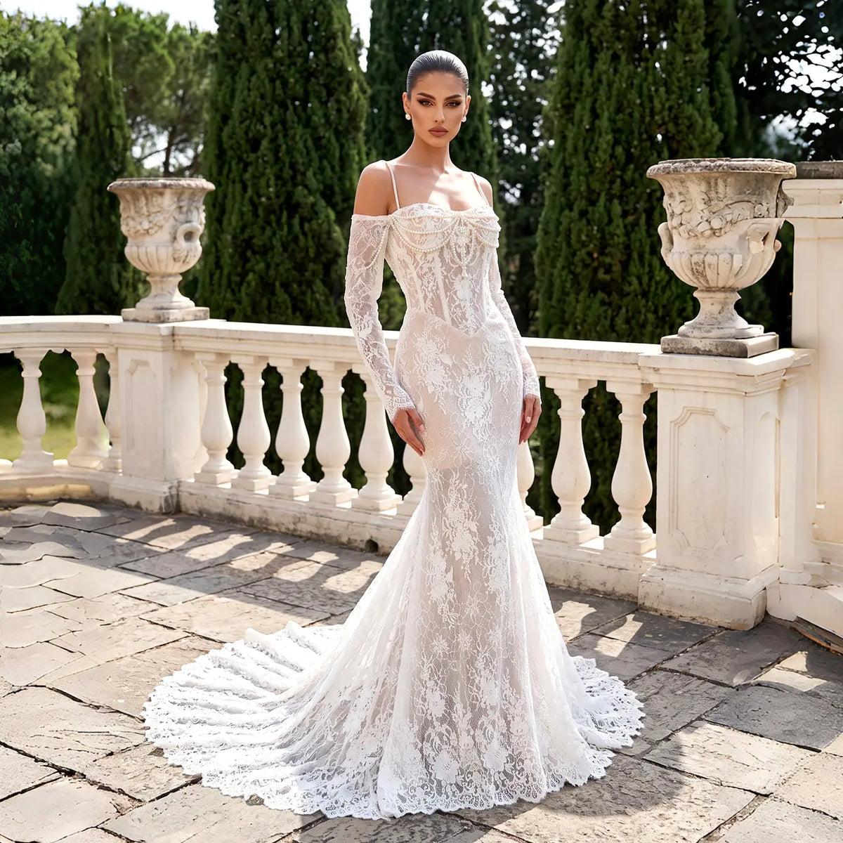 White Lace Mermaid Wedding Dress with Overskirt SW756