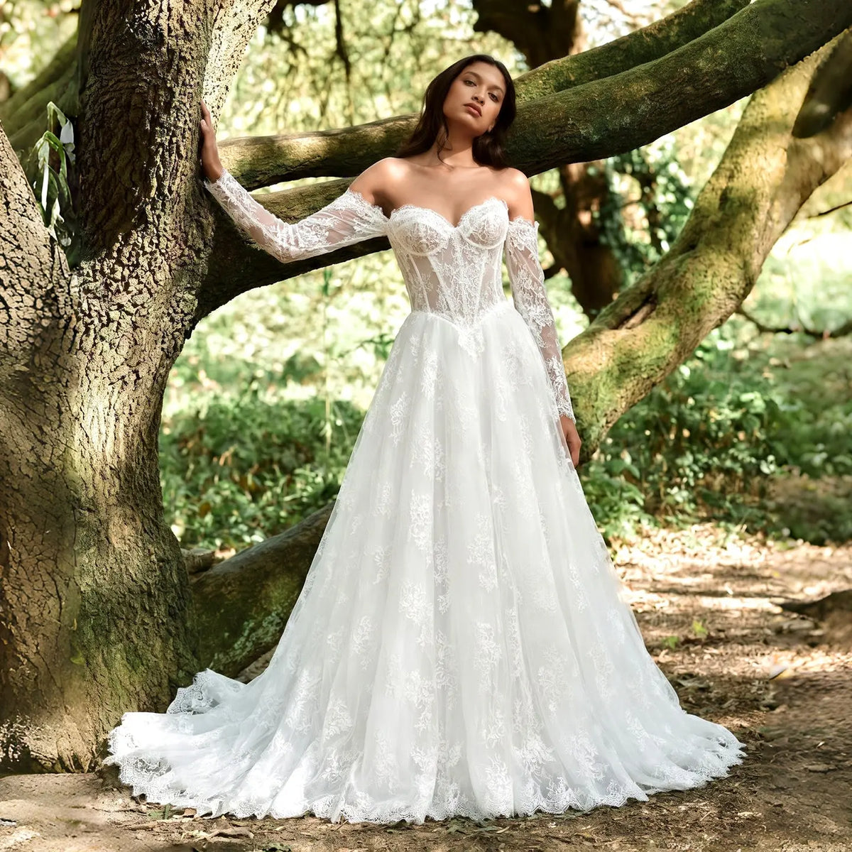 White Long Sleeve Lace Corset Wedding Gown SW760