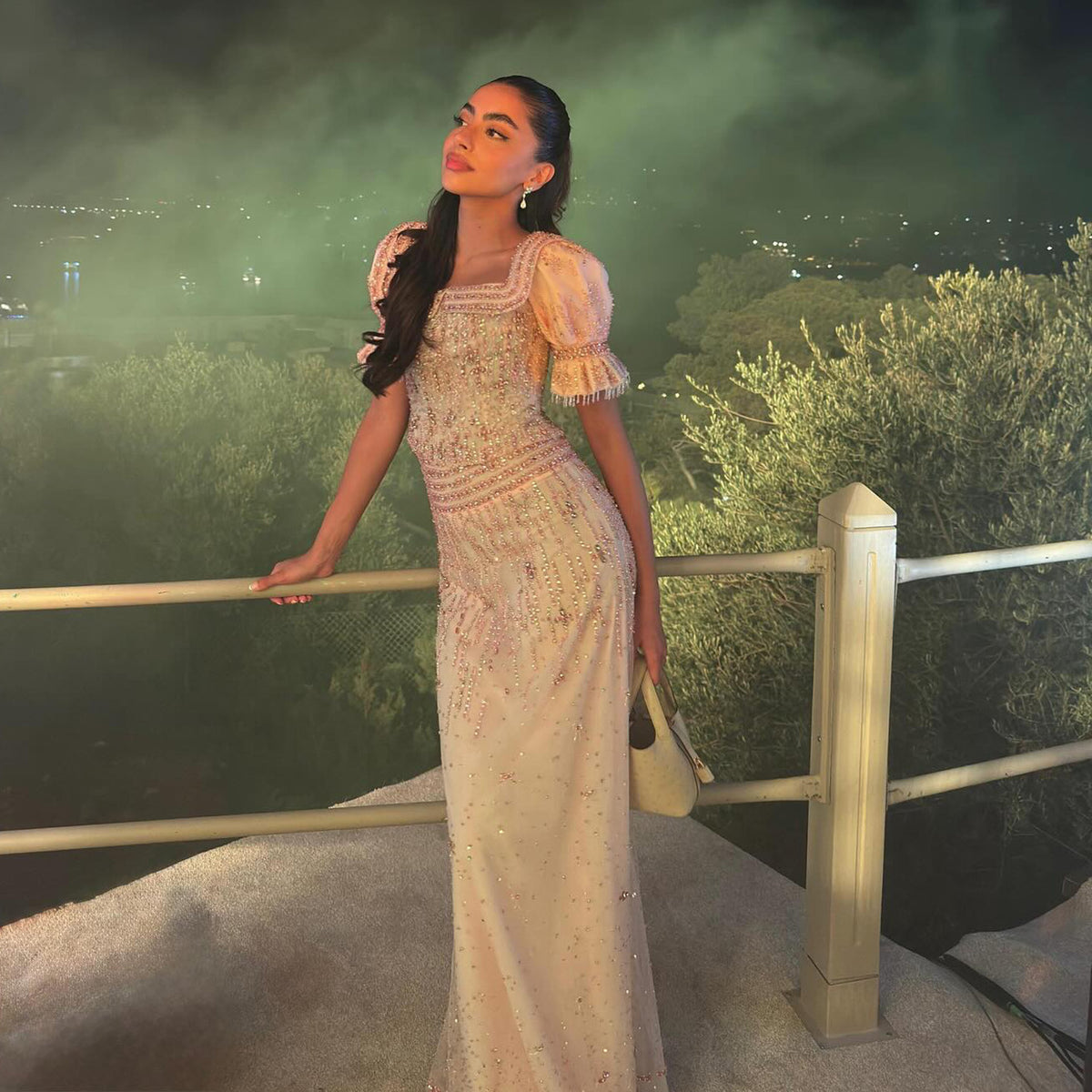 Elegant Sequin Pink Puff Sleeve Two-Piece Evening Dress SS548 