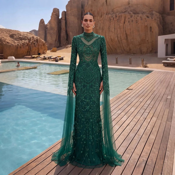 Emerald Green Beaded Cape Sleeve Evening Dress SS017