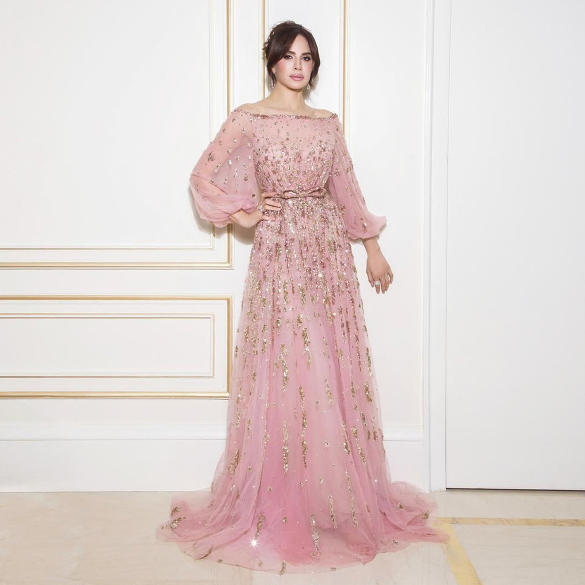 Elegant Beaded Sequin Pink Long Sleeve Evening Dress with Bow SS230 