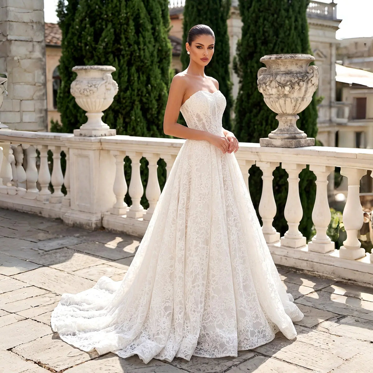White Strapless Lace Wedding Dress with Train SW753