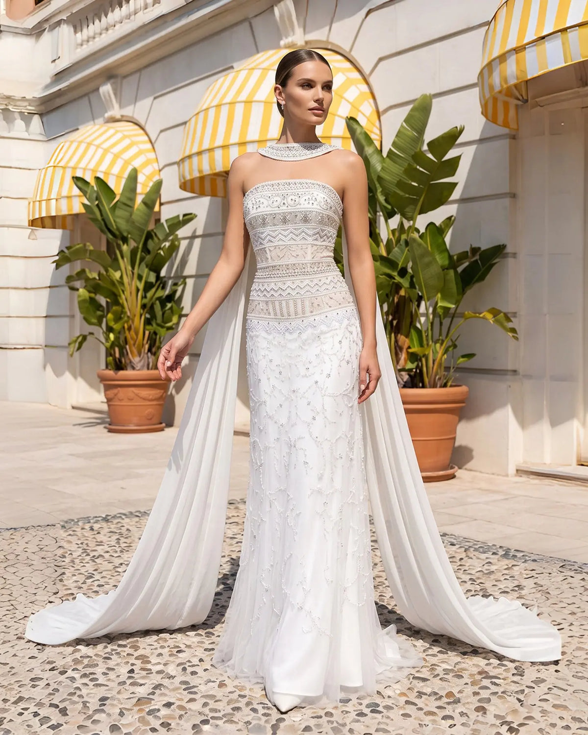 White Strapless Beaded Evening Dress Scarf SS508