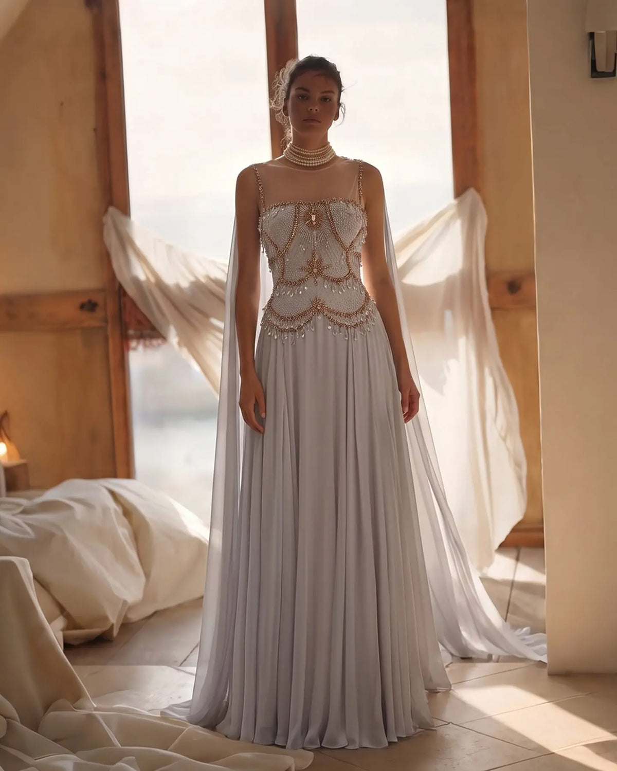 Silver Gold Crystal Cape Evening Dress SS517