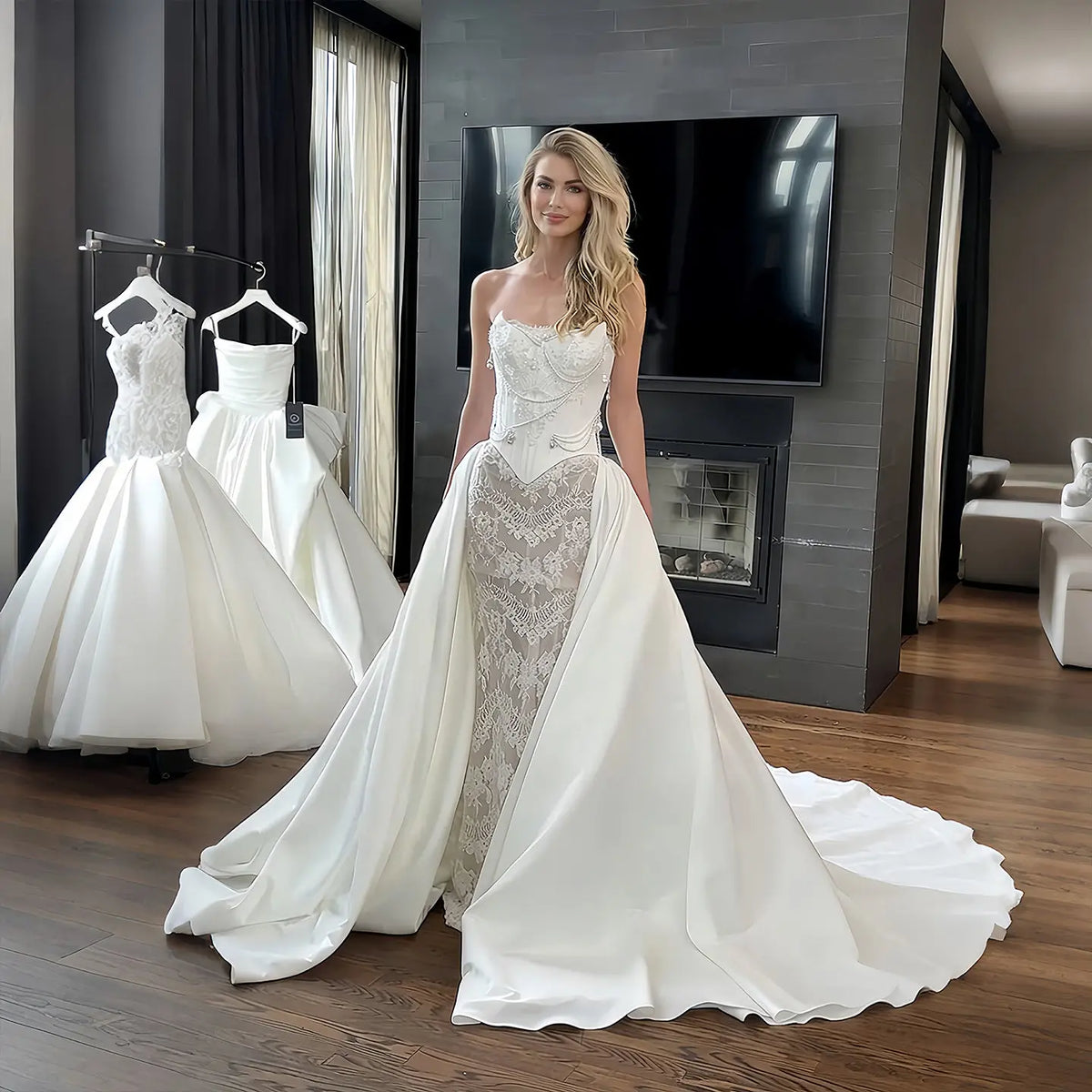 Elegant Ivory Strapless Beaded Corset Lace Mermaid Wedding Dress with – SHARONSAID