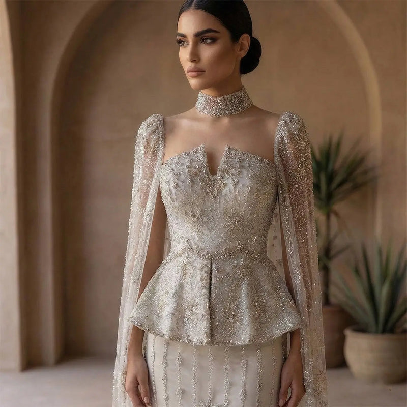 Elegant Silver High Neck Sheer Fitted Evening Dress with Cape Sleeve SS531 