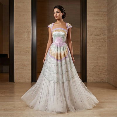Luxury Ombre Beaded Shell Ball Gown Evening Dress with Cap SS296