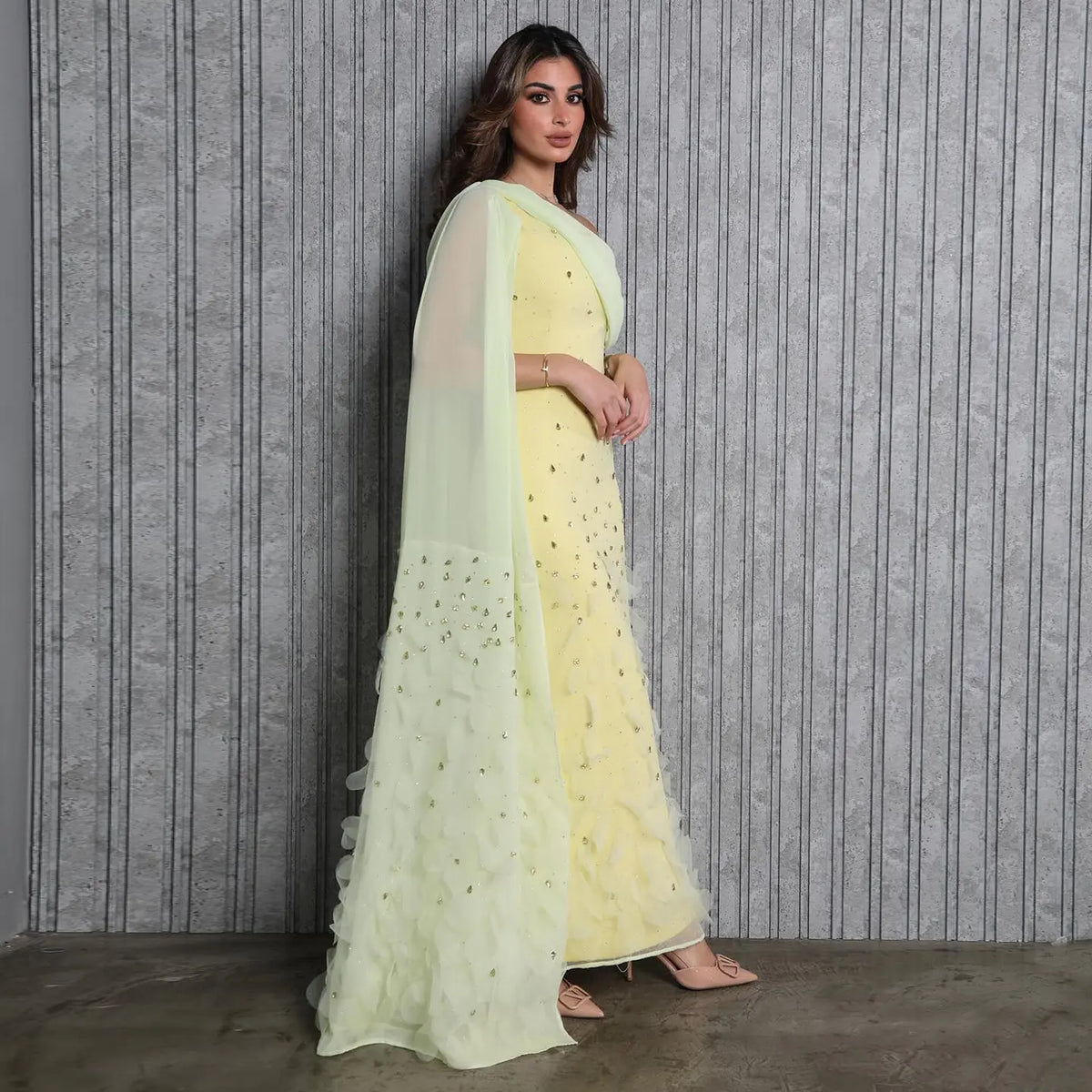 Luxury Yellow Crystal 3D Floral Fitted Evening Dress XD034 