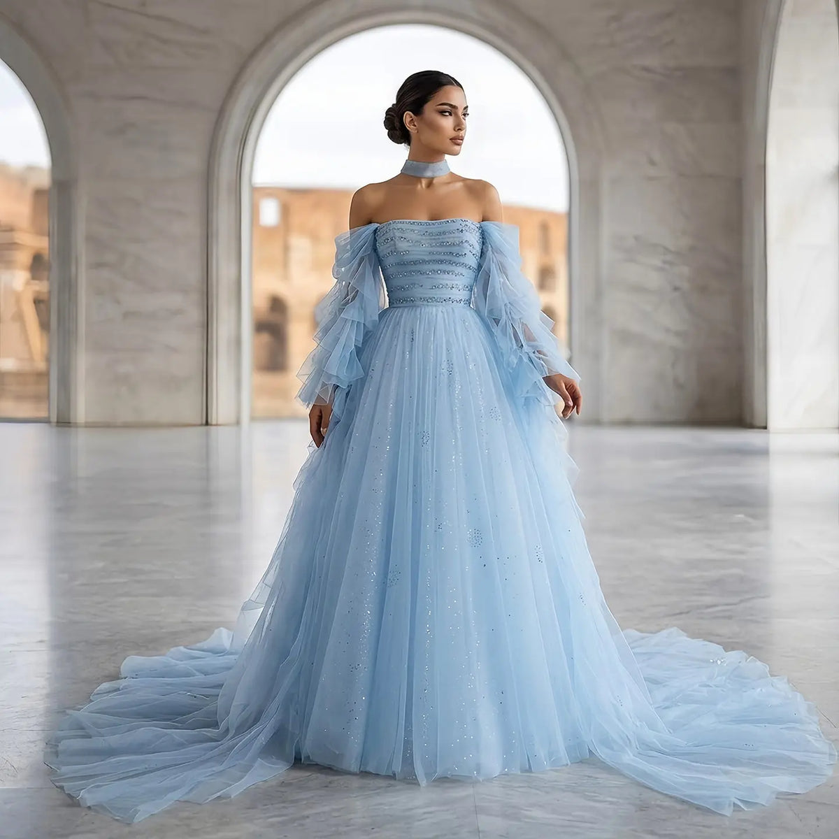 Luxury Blue Flowy Cape Beaded Waist Ball Gown Evening Dress SS737