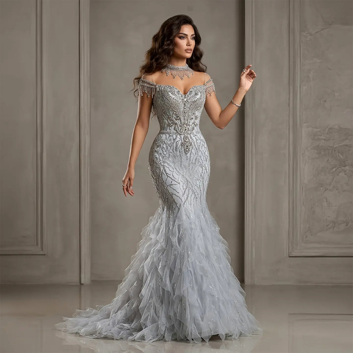 Luxury Silver Gray Beaded Tulle Mermaid Train Evening Dress SS746