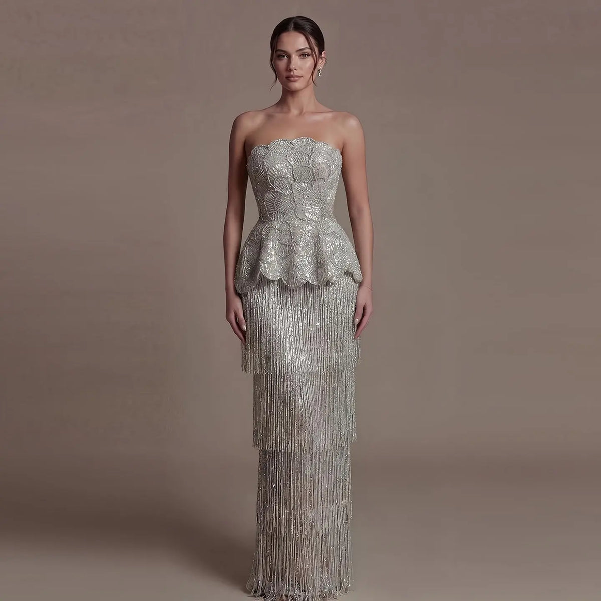 Gray Strapless Beaded Mermaid Evening Dress SS370-3