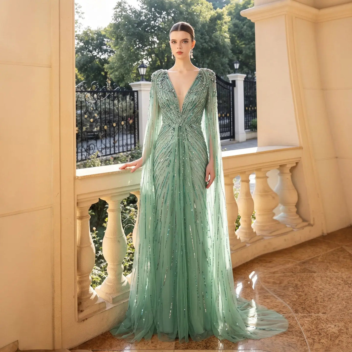 Dubai Green Cape Evening Dress with Gold Crystal SS399